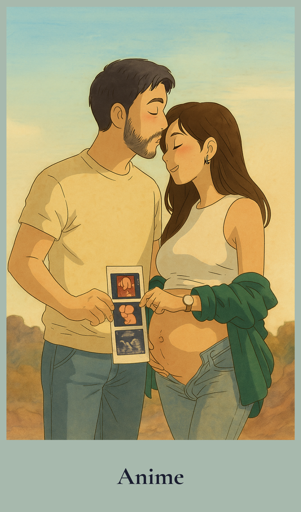 Anime-style illustration of a pregnant woman and her partner holding ultrasound images.