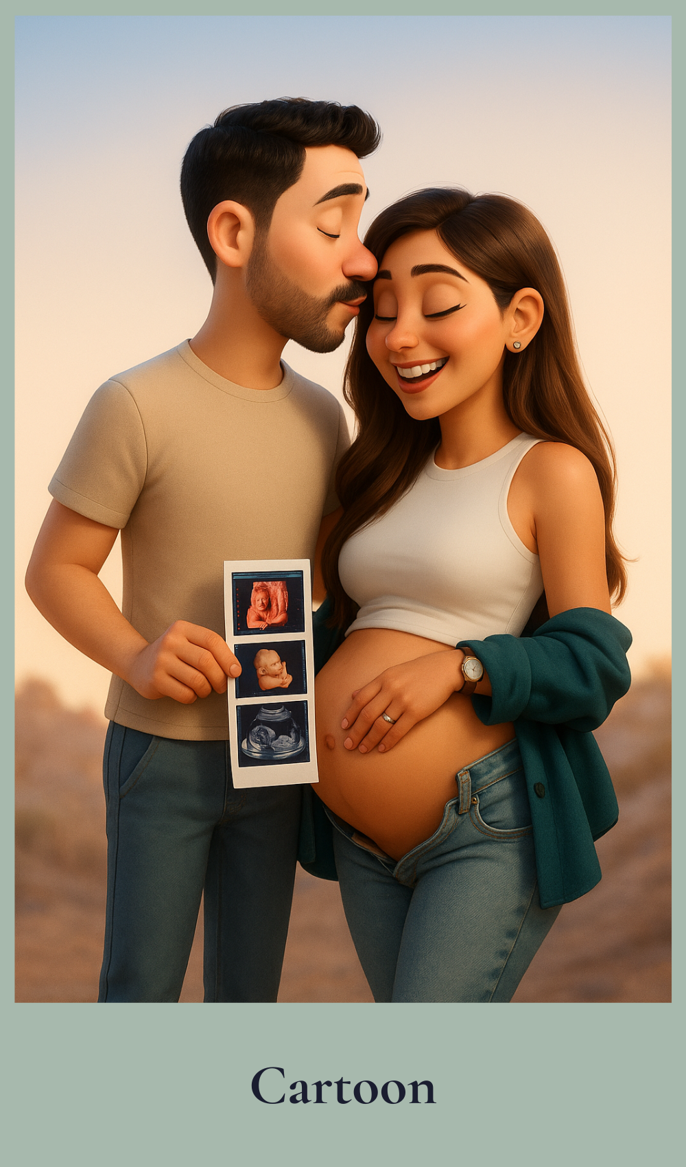 Cartoon style illustration of a pregnant woman and her partner holding ultrasound images.