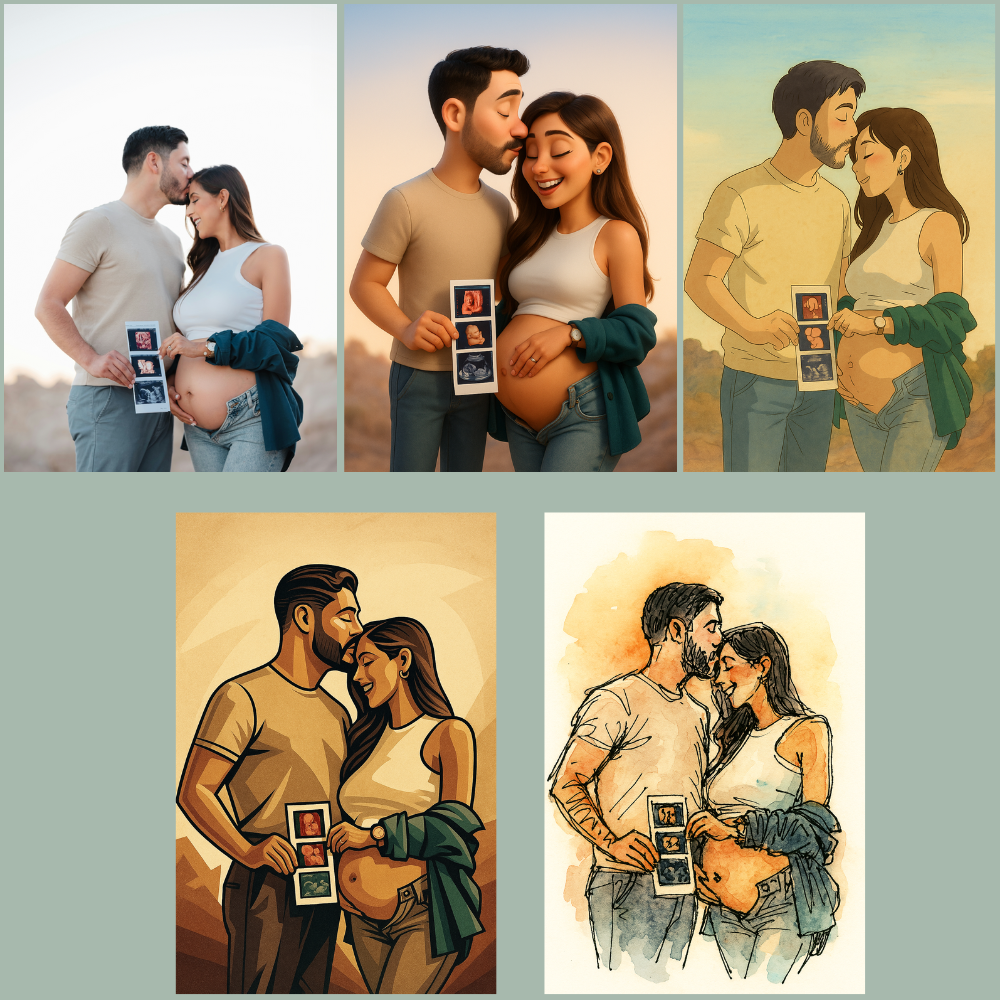 Collage of illustrations of a couple with a pregnant woman holding baby pictures.