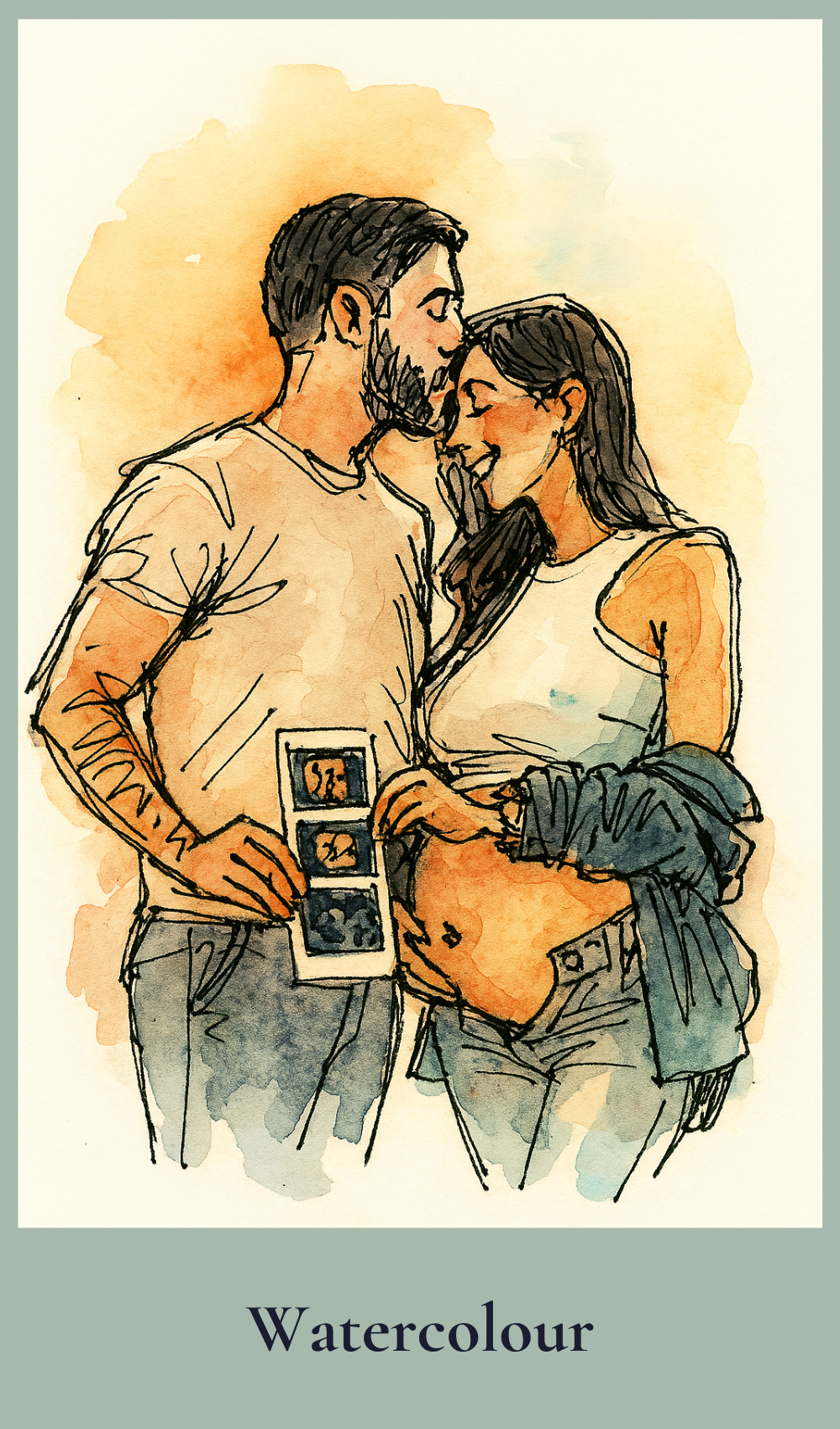 Watercolour-style illustration of a pregnant woman and her partner holding ultrasound images.