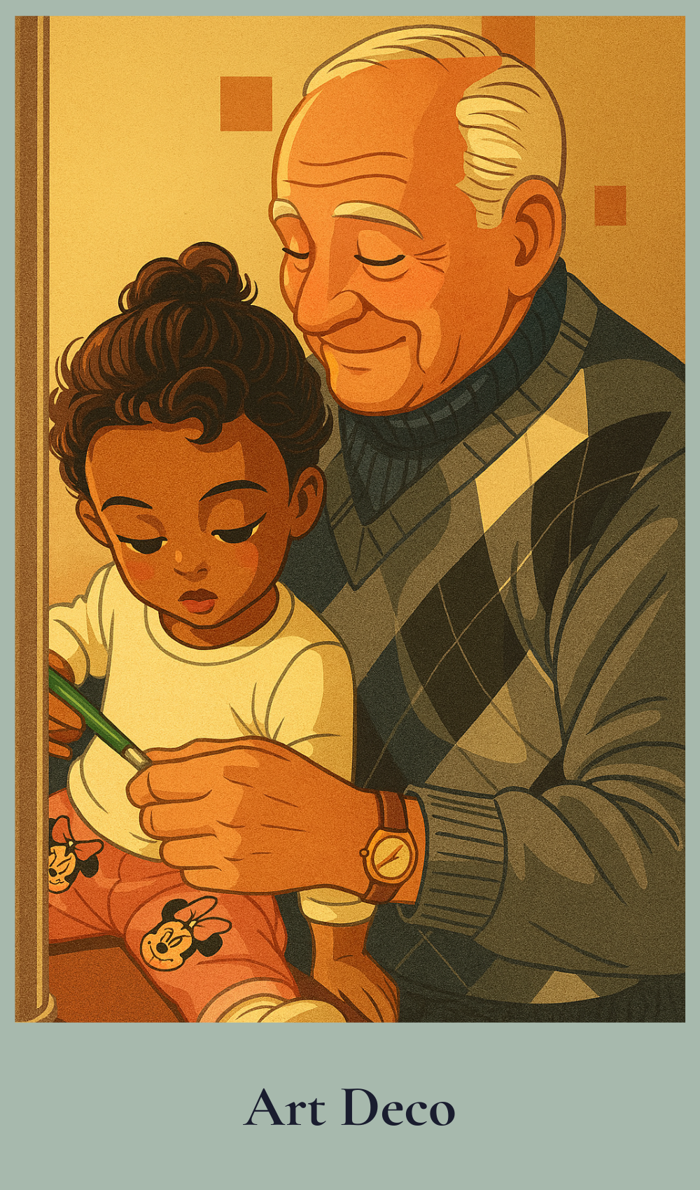 Illustration of a grandfather and a child holding hands with 'Art Deco' style.