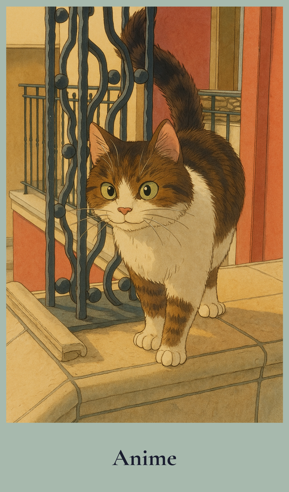 Illustration of a cat in anime style standing on a staircase with a warm color palette.