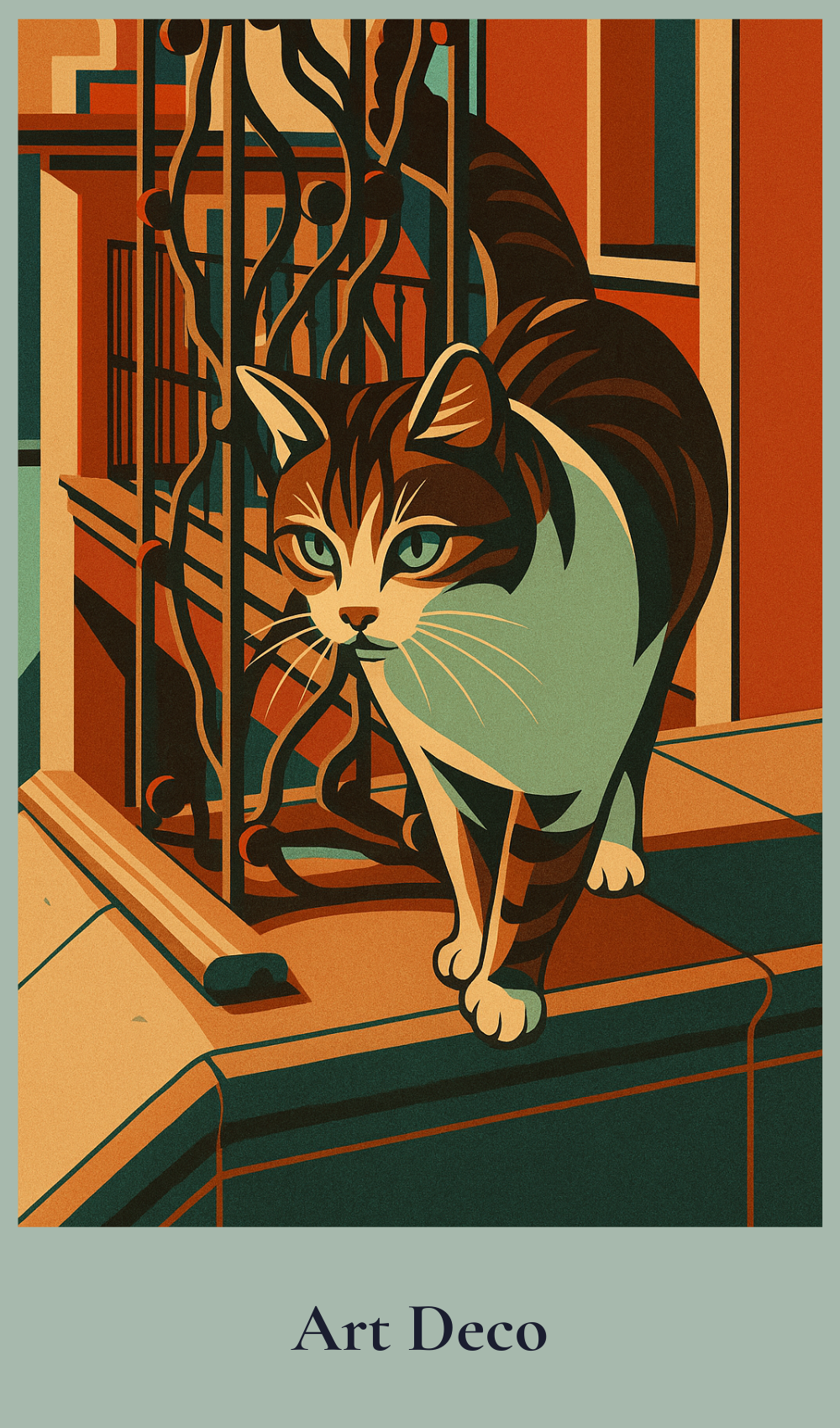 Art Deco-style illustration of a cat on a railing with decorative elements.