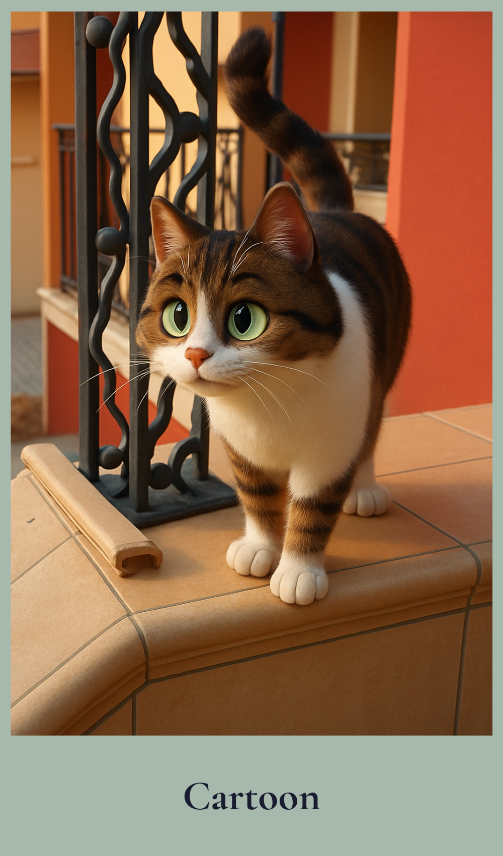 Cartoon cat standing on a ledge with a wrought iron gate in the background