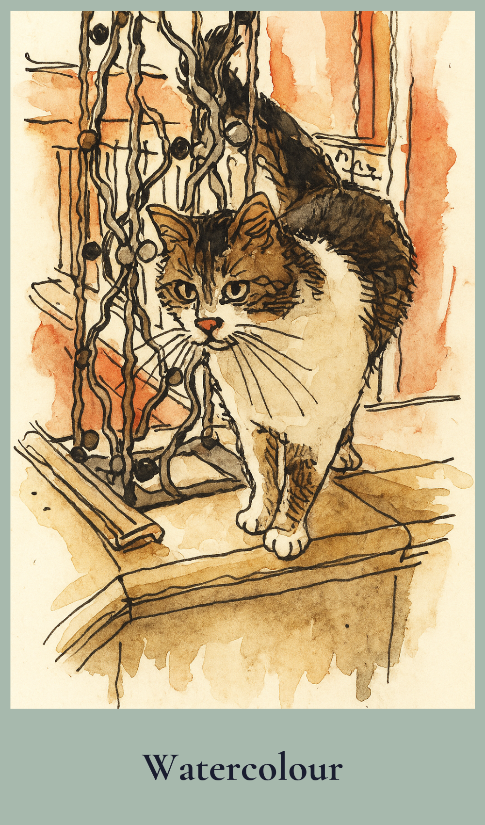 Watercolour painting of a cat on a windowsill with watercolour background