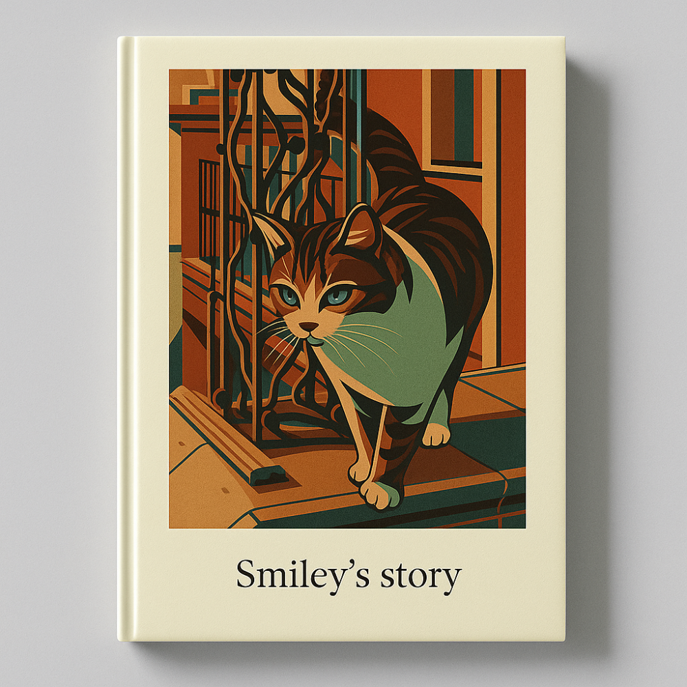 Book cover with an illustration of a cat and the title 'Smiley's story' on a beige background