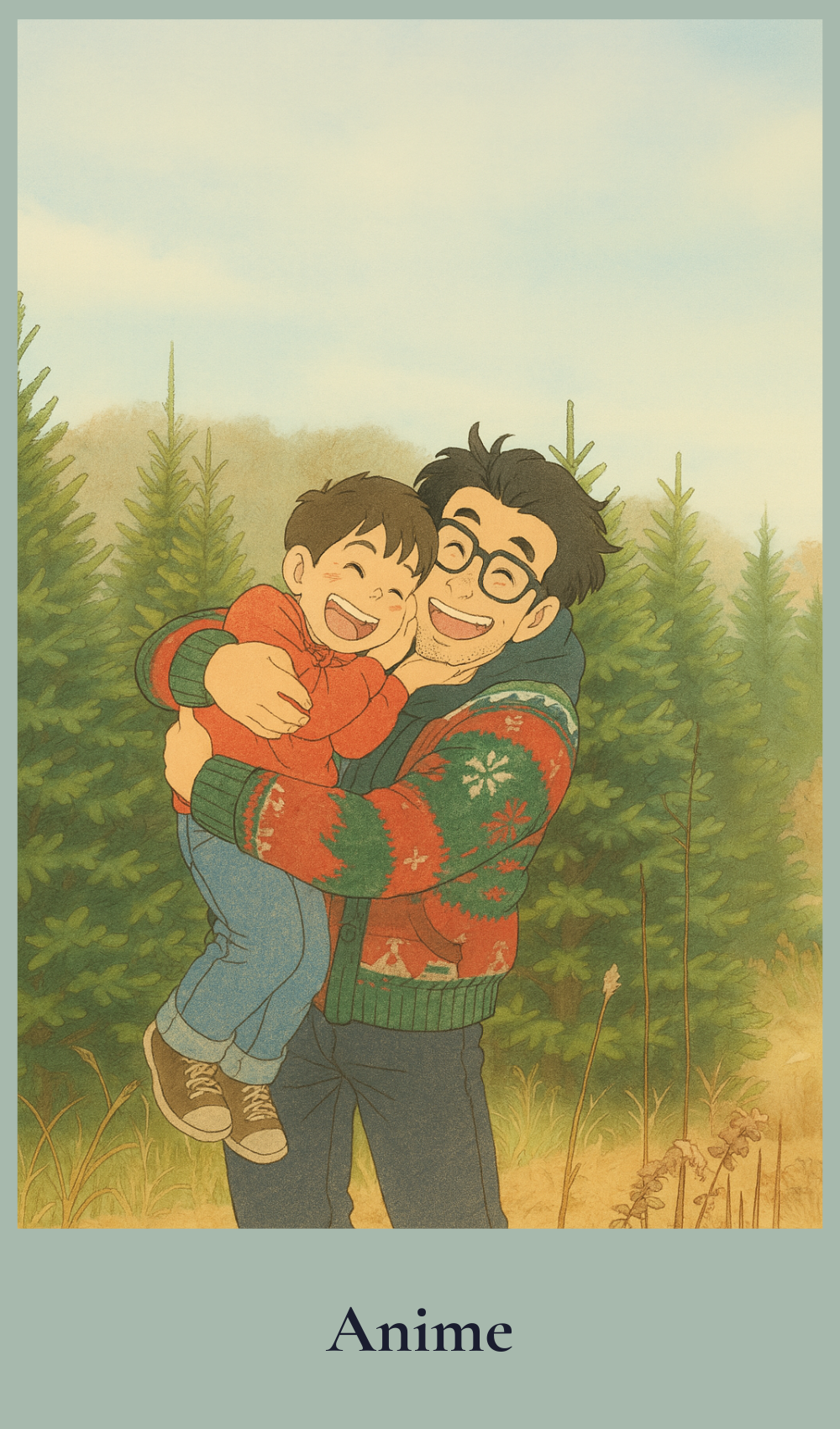 Anime-style illustration of a father and son hugging in a forest