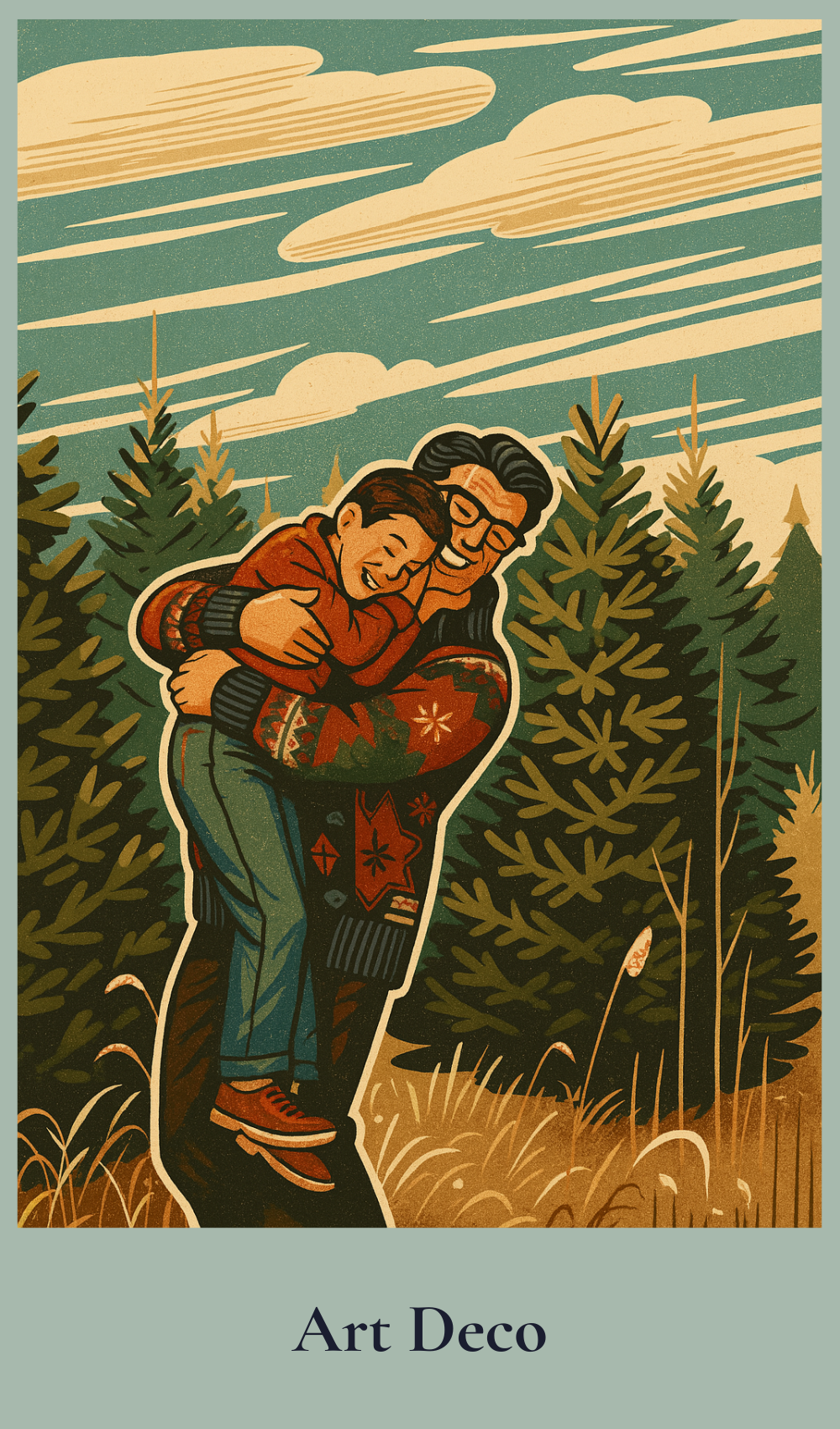 Art Deco style illustration of Dad hugging his son in a forest