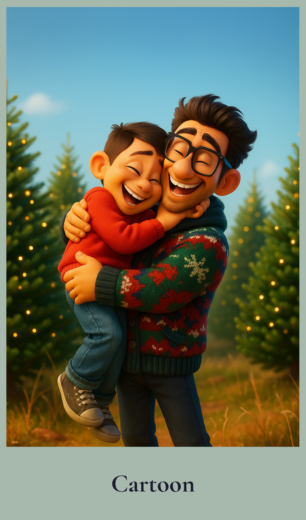 Cartoon style illustration of Dad hugging his son in a forest