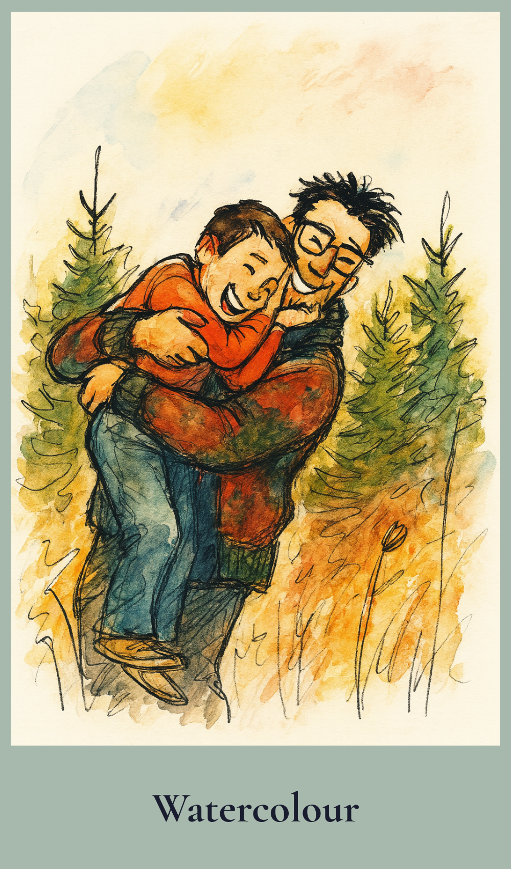 Watercolour style illustration of Dad hugging his son in a forest