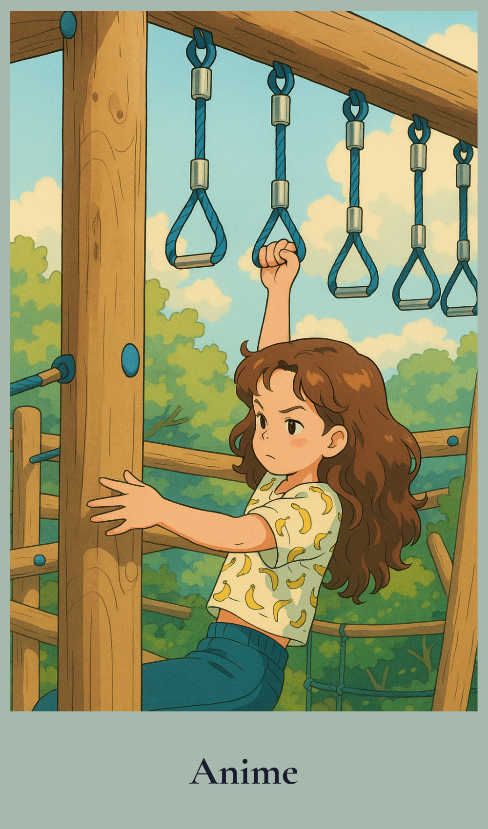 Anime-style illustration of a girl climbing on playground equipment with a green landscape in the background.