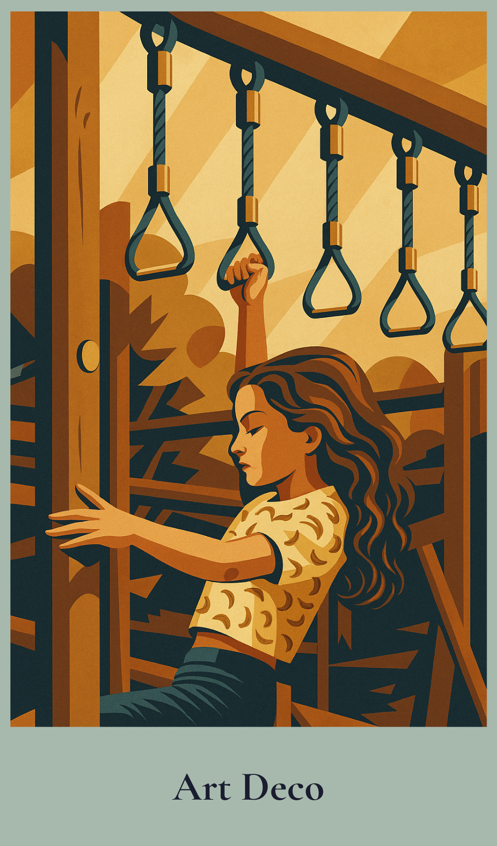 Art Deco-style illustration of a woman on a train with geometric patterns.
