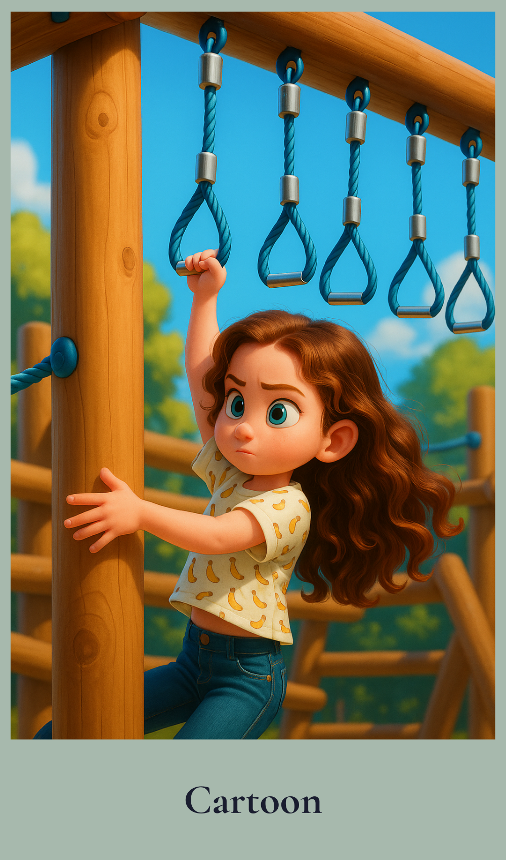 Cartoon character climbing on playground equipment with a blue sky and green trees in the background.