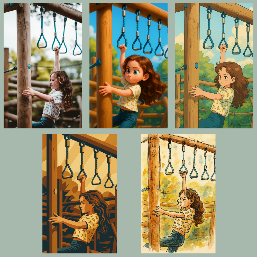 Collage of a girl playing on playground equipment with different artistic styles.