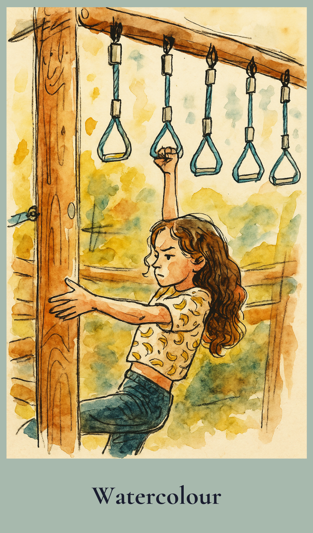 Watercolour illustration of a child climbing on playground equipment