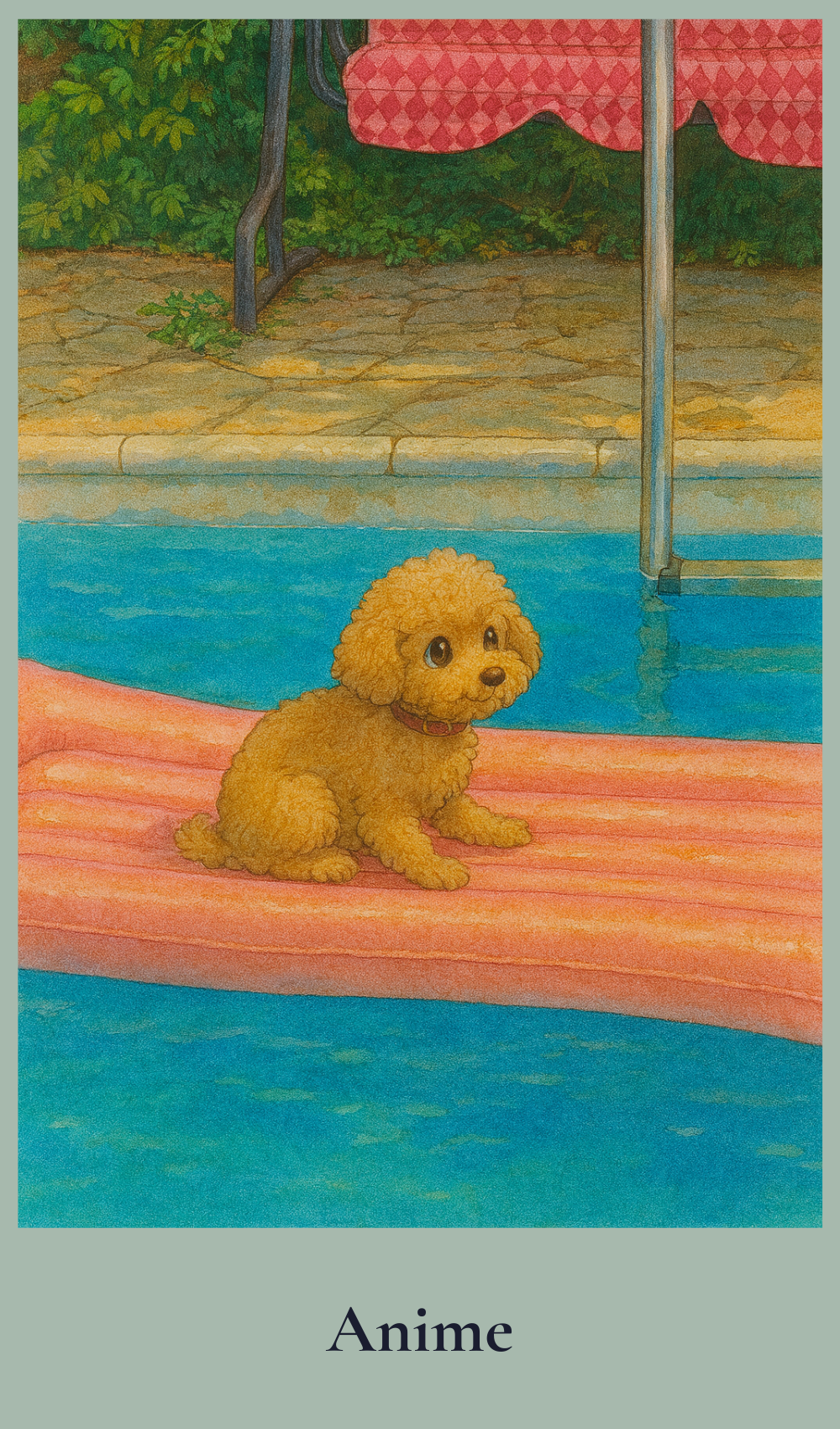 Anime-style illustration of a Dog sitting on a floatie in a pool.