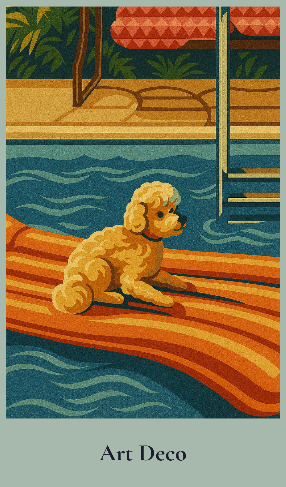 Art Deco-style illustration of a dog on a dock with water and foliage in the background.