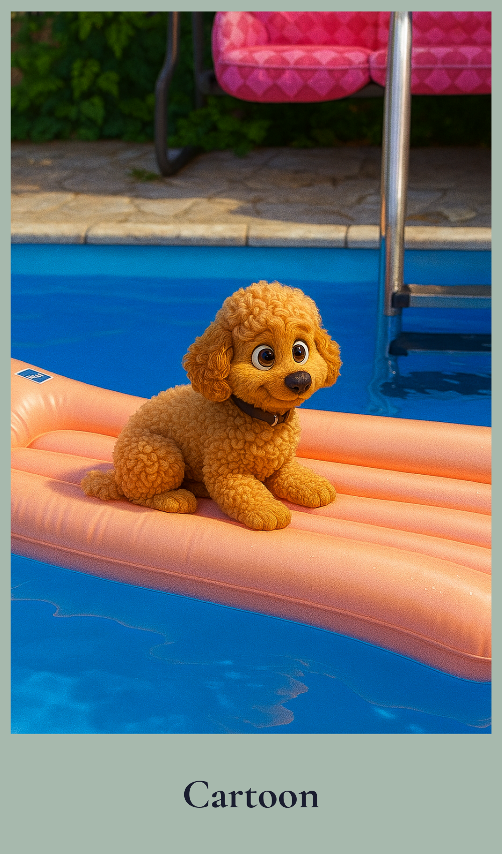 Cartoon dog on an inflatable pool float by a pool