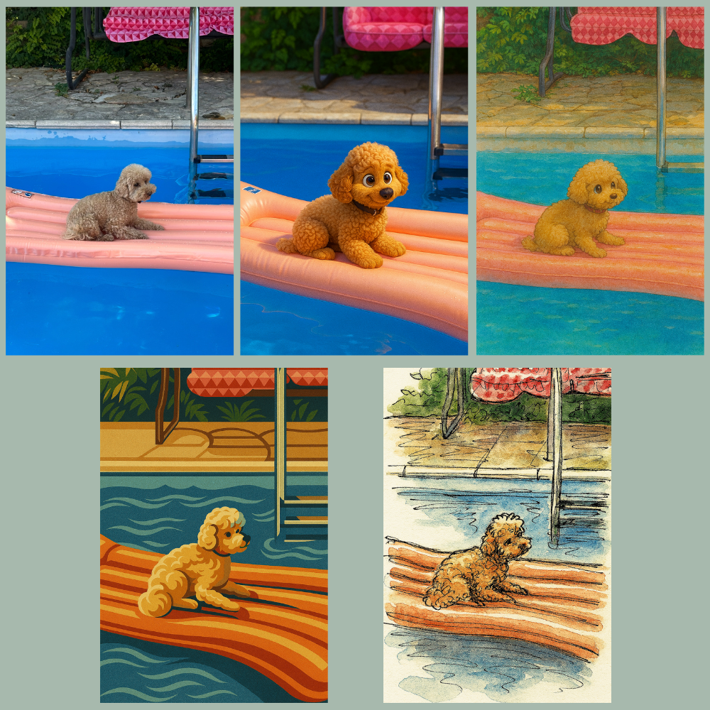 Collage of a dog on an inflatable pool float with different color palettes.