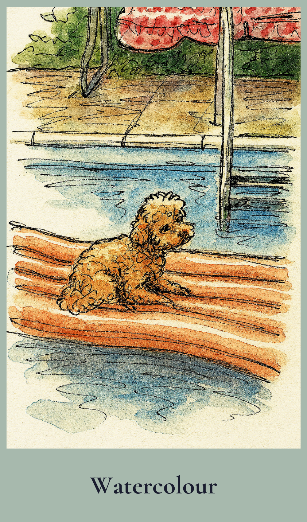 Watercolor painting of a dog sitting on a wooden deck by a window.