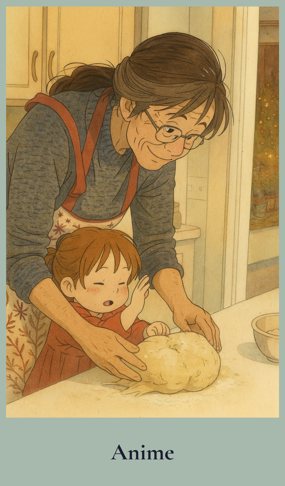 Anime style illustration of a grandma and child making bread in a kitchen