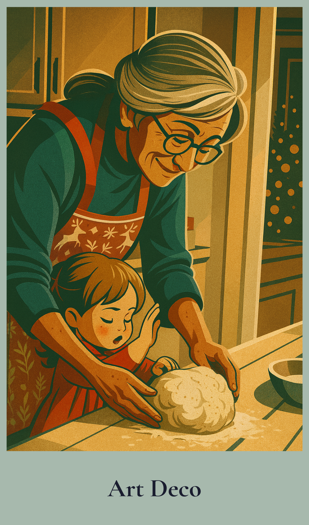 Illustration of a grandma and a child working with dough in a kitchen, styled in Art Deco fashion.