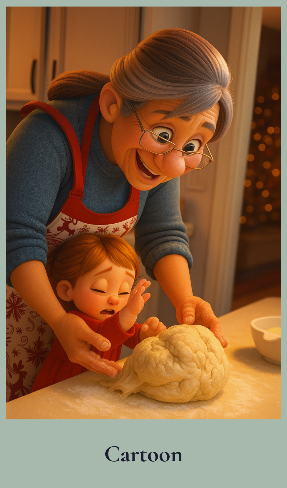 Cartoon character and child kneading dough in a kitchen setting