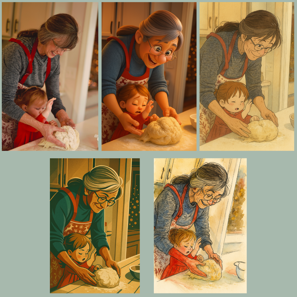 Collage of images showing an older woman and a child kneading dough together.
