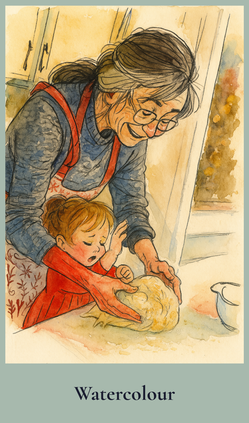 Illustration of a Grandma and a child kneading dough