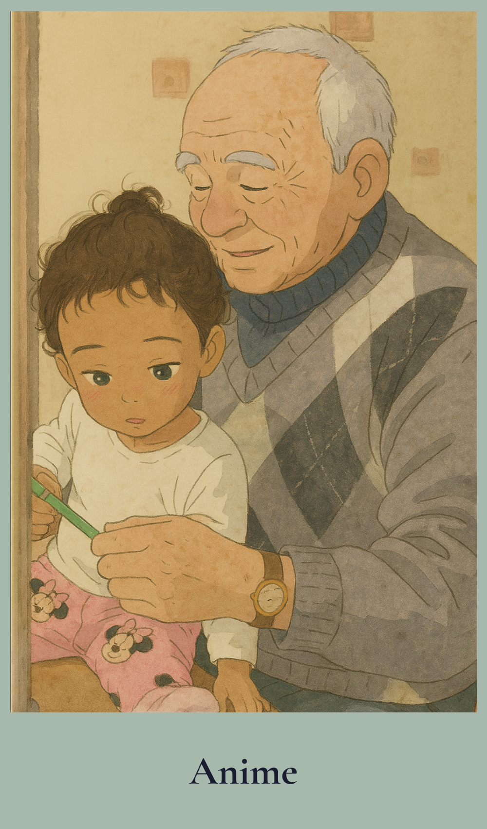 Anime style illustration of a grandfather and a child holding hands