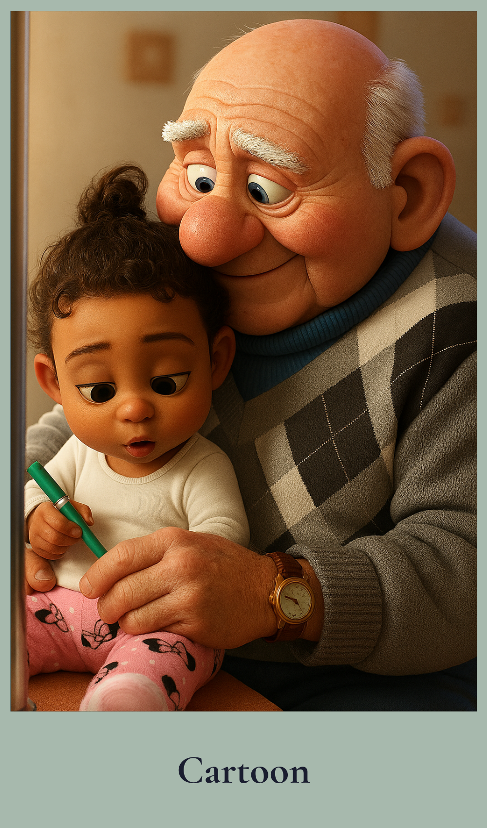 Cartoon character holding a baby with a pen, set against a neutral background.