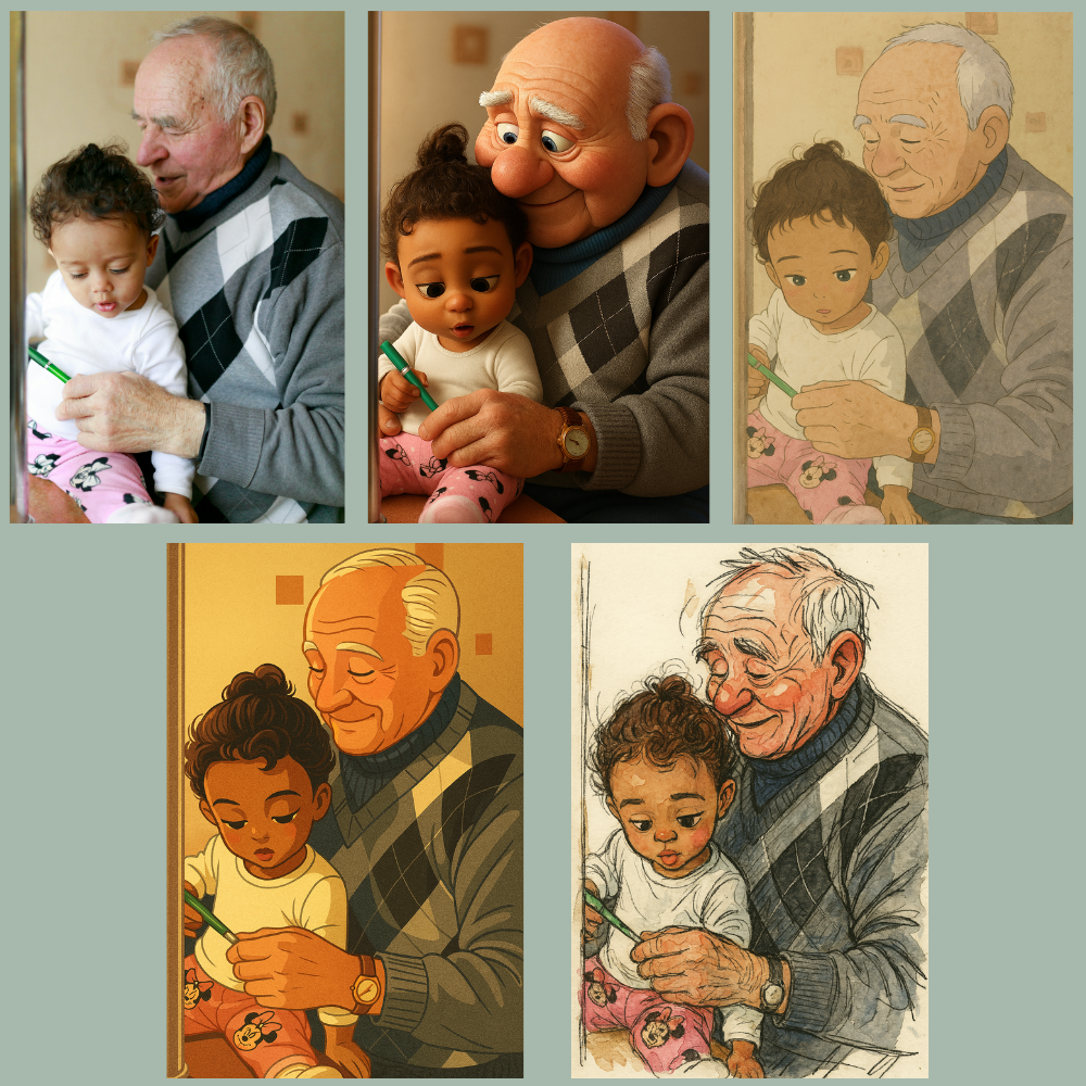 Collage of illustrations showing an elderly man with a young child, with different color tones.