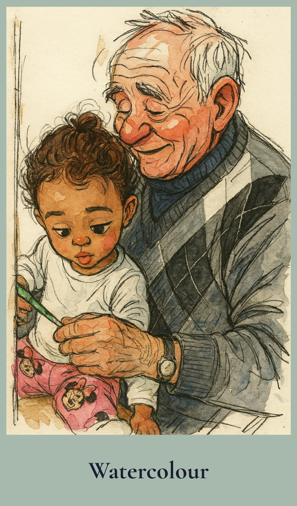 Illustration of a grandfather holding a child, with 'Watercolour' text at the bottom.
