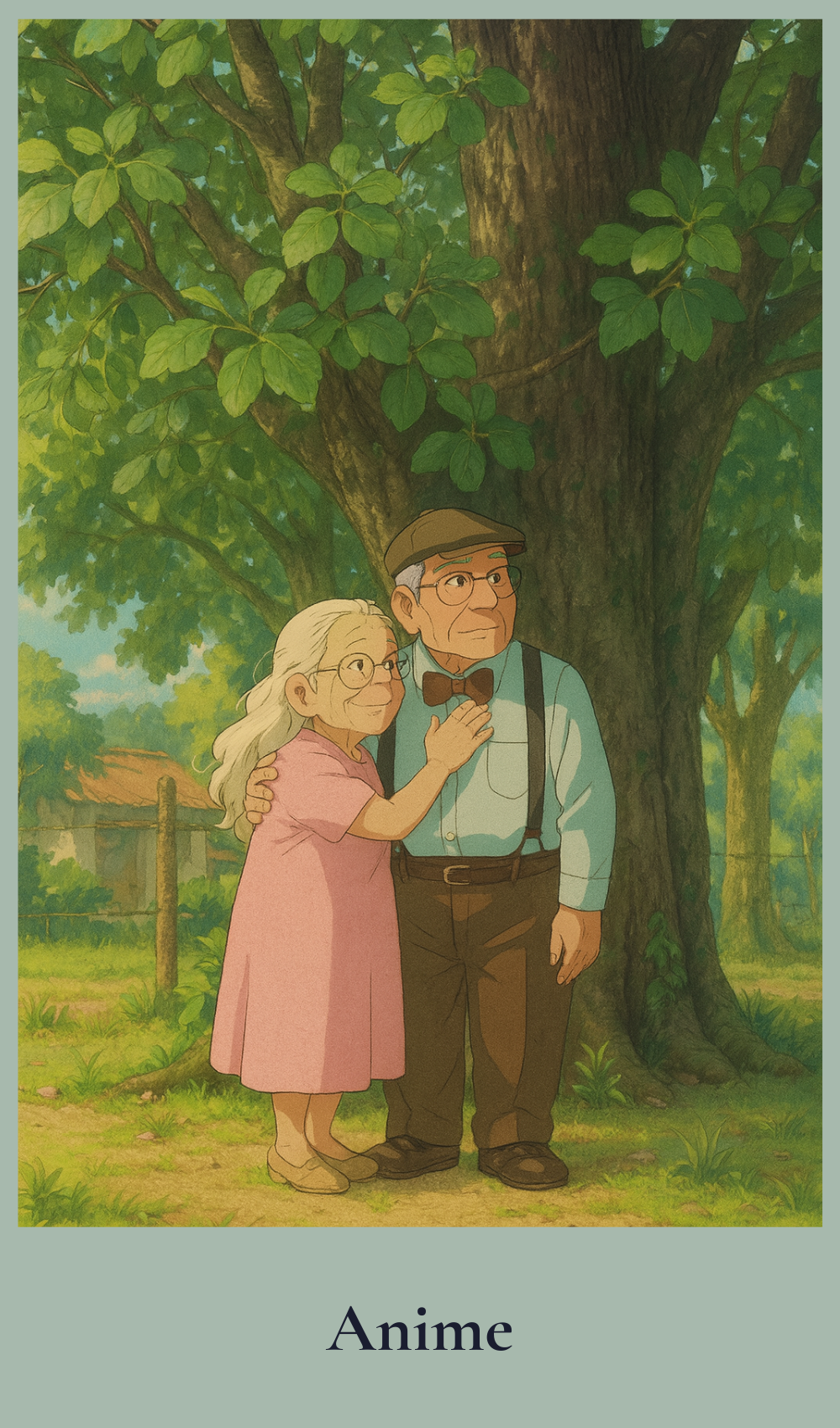 Anime style illustration of grandparents standing under a tree