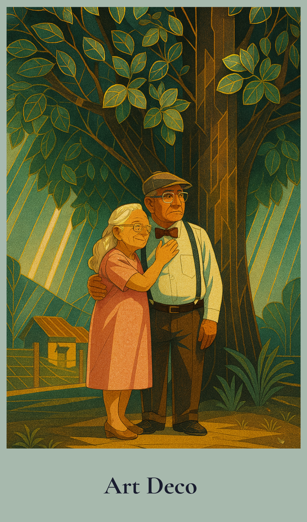 Art Deco-style illustration of an elderly couple embracing under a tree.