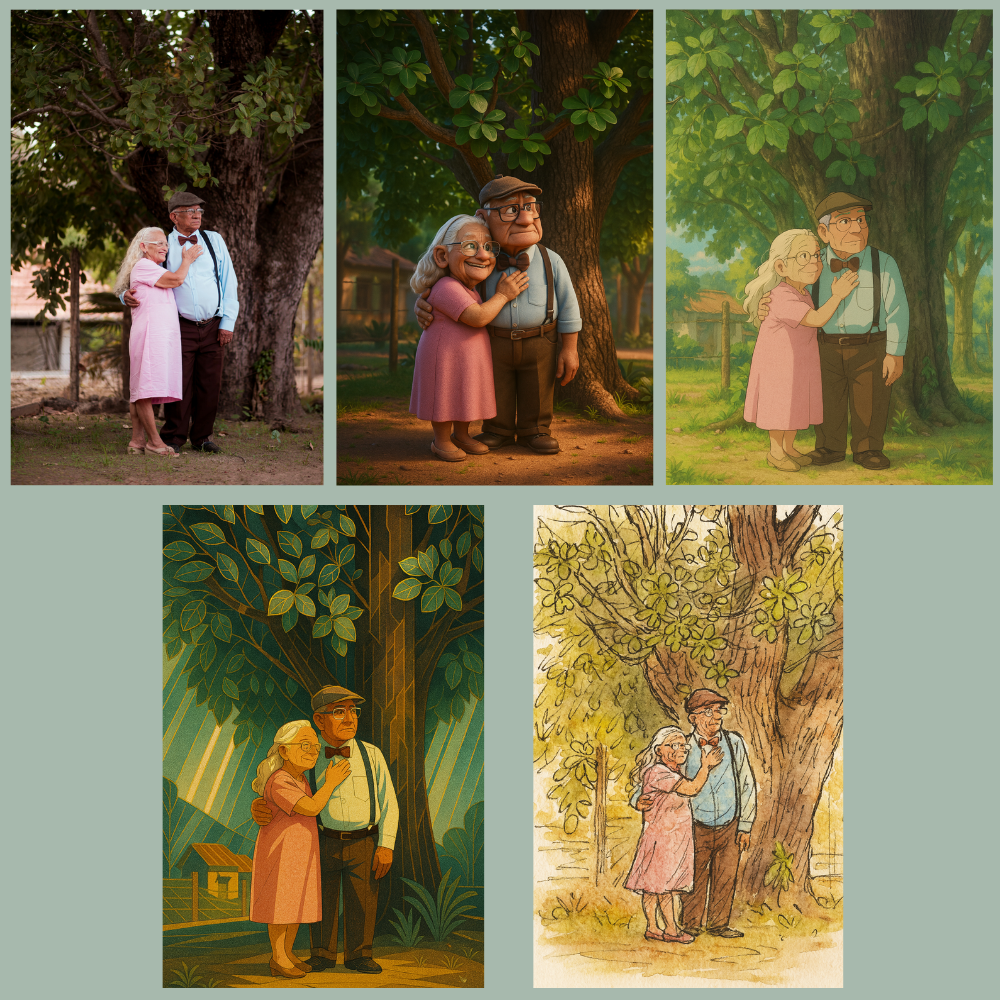 Collage of five illustrations showing an elderly couple embracing under a tree.