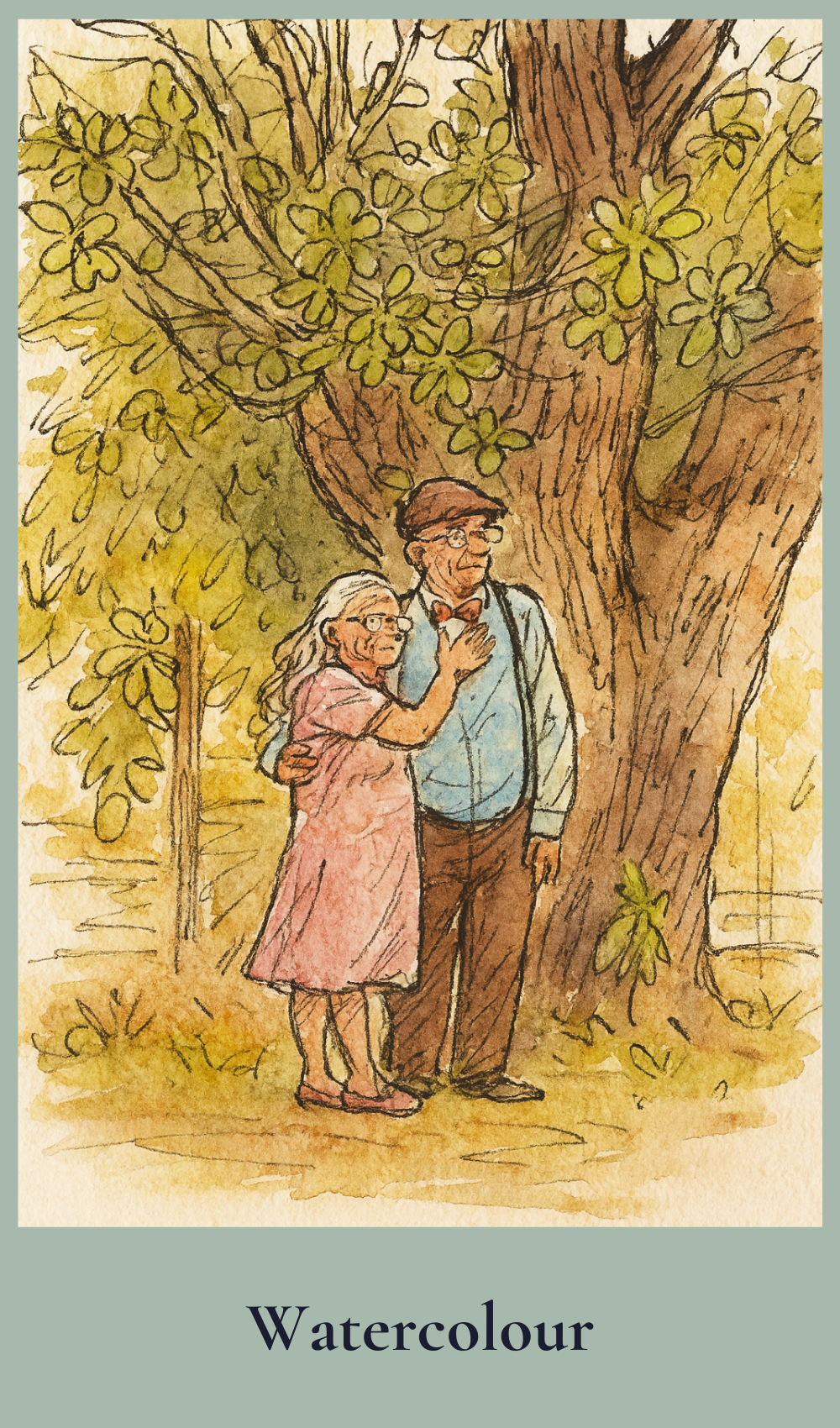 Watercolor illustration of an elderly couple under a tree
