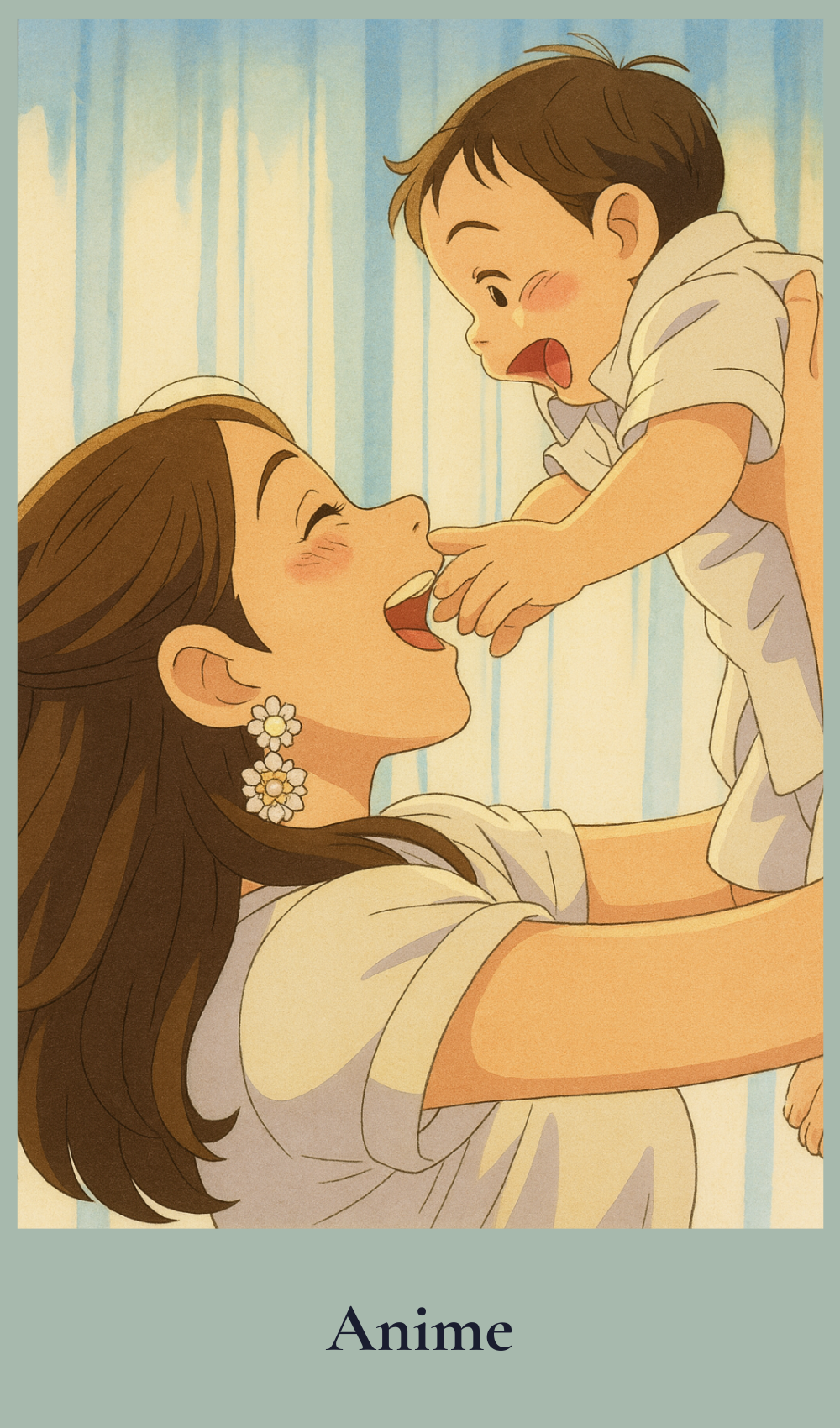 Anime style illustration of a Mum holding her baby.