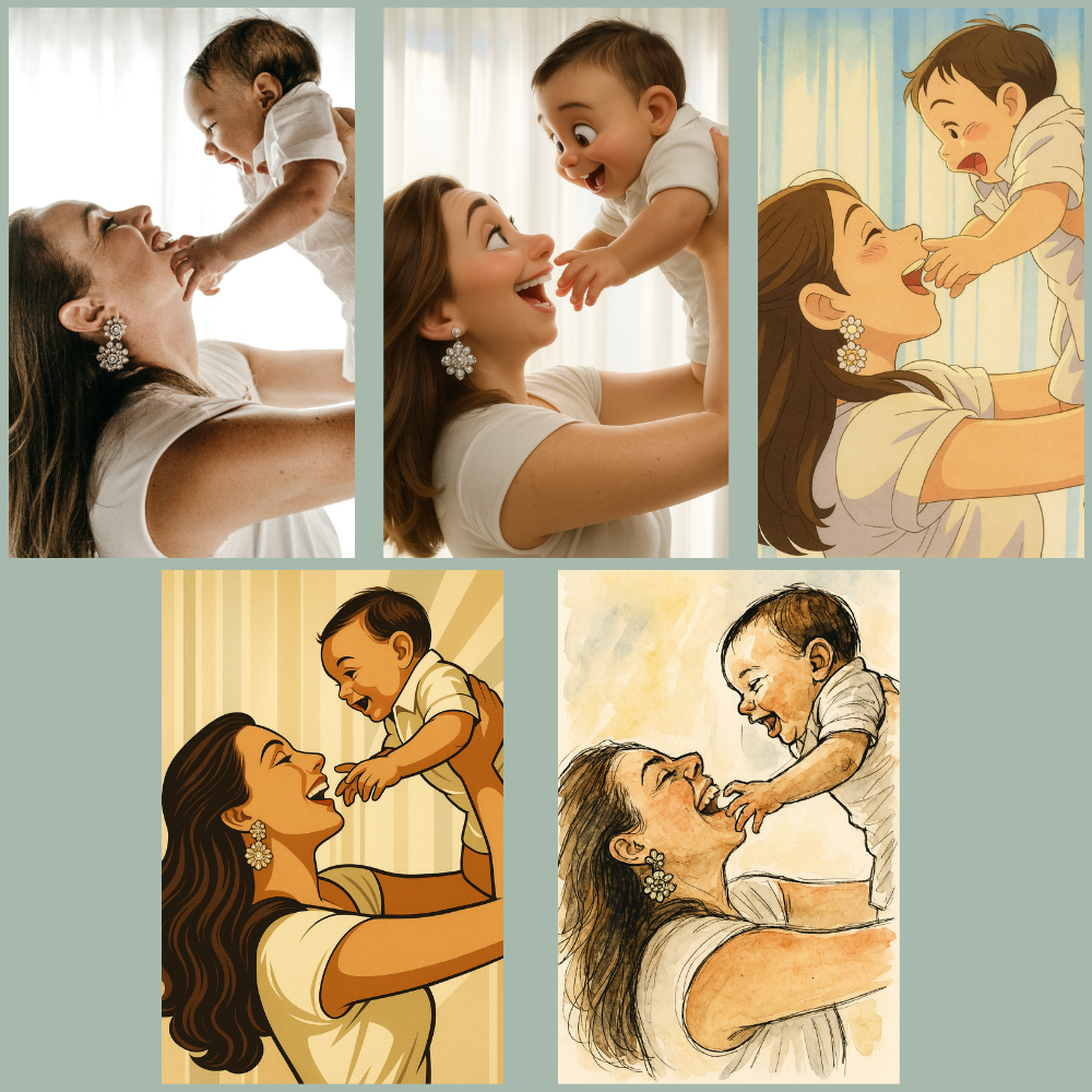 Collage of a Mum and a child interacting, with illustrations on a light green background.