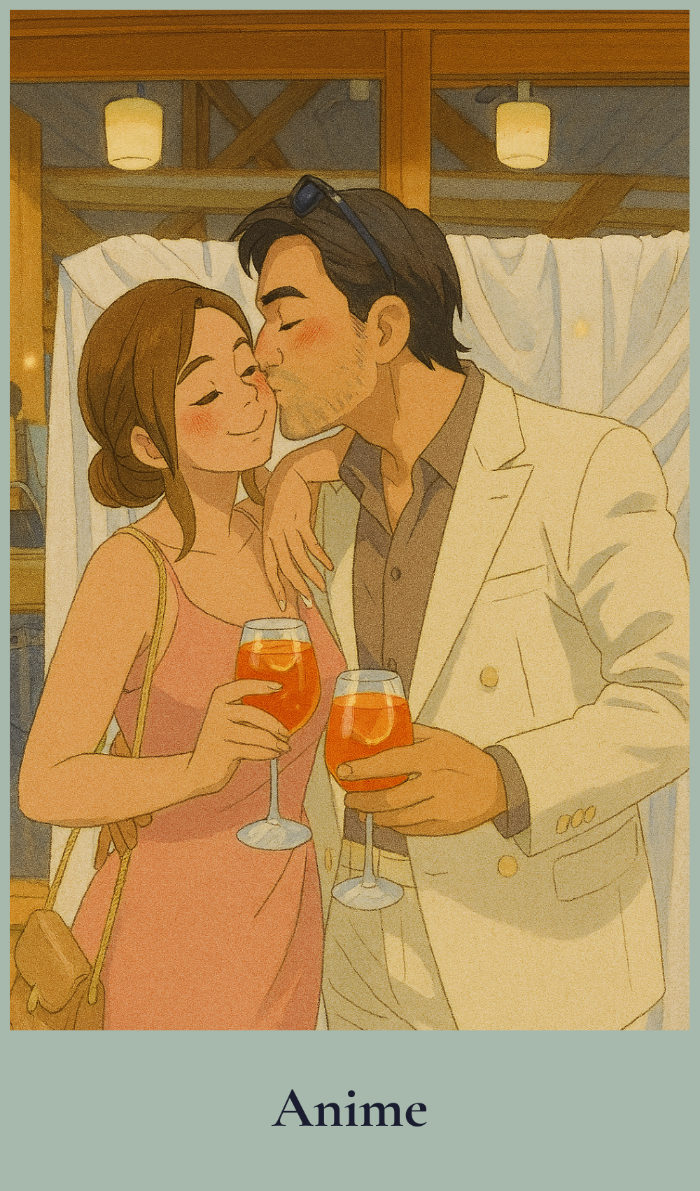 Anime-style illustration of a couple sharing a romantic moment with cocktails.