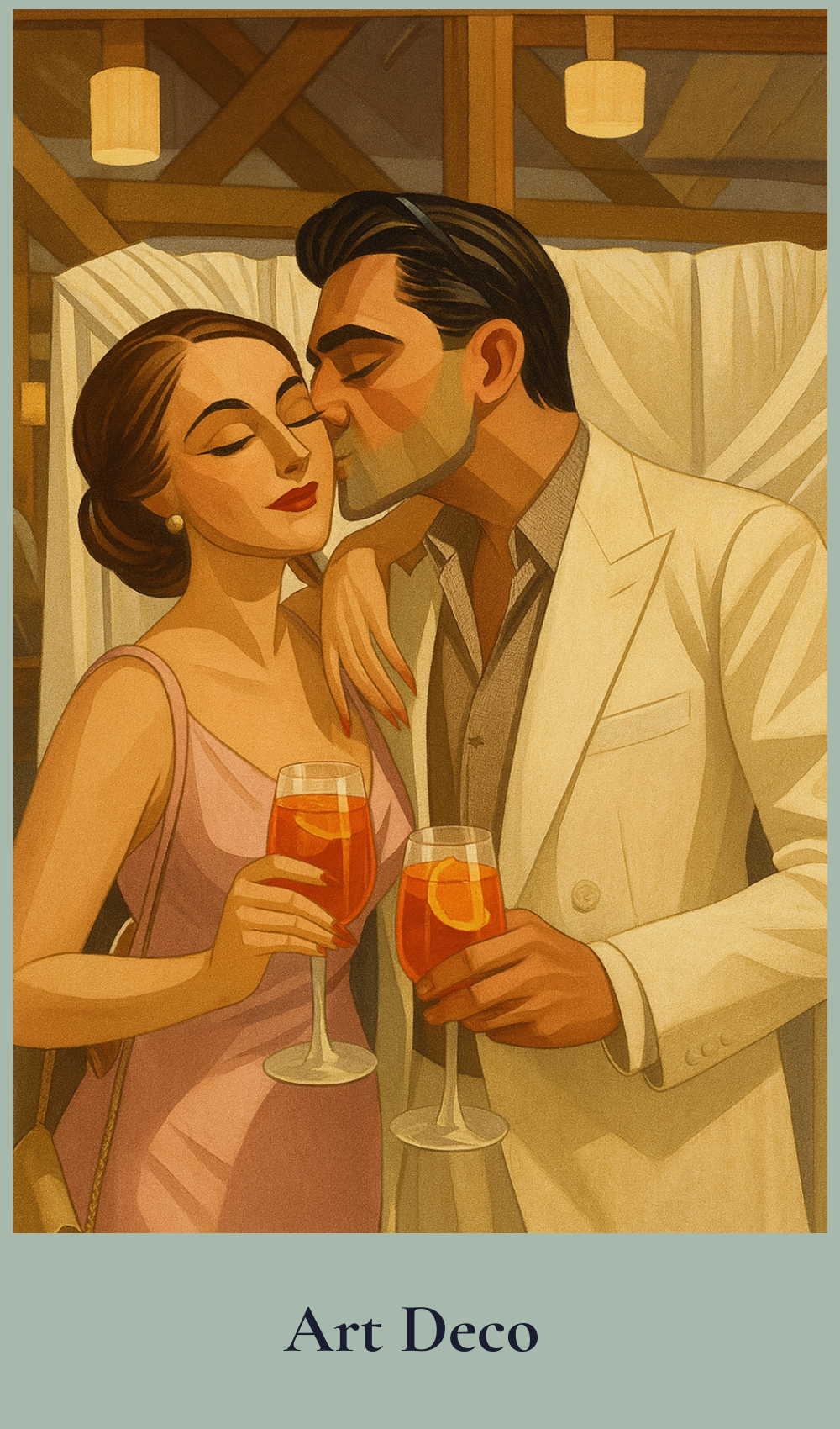 Art Deco-style illustration of a couple sharing a romantic moment with cocktails.