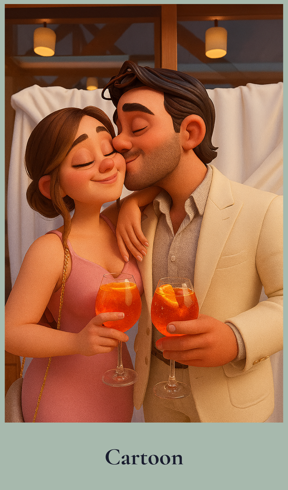 Cartoon-style illustration of a couple sharing a romantic moment with cocktails.