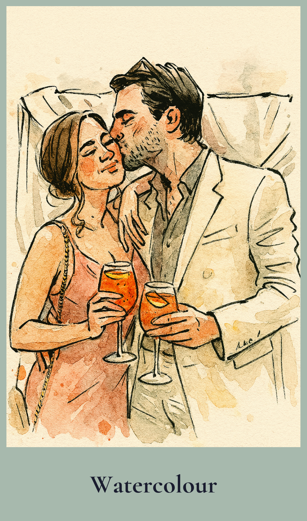 Watercolour-style illustration of a couple sharing a romantic moment with cocktails.