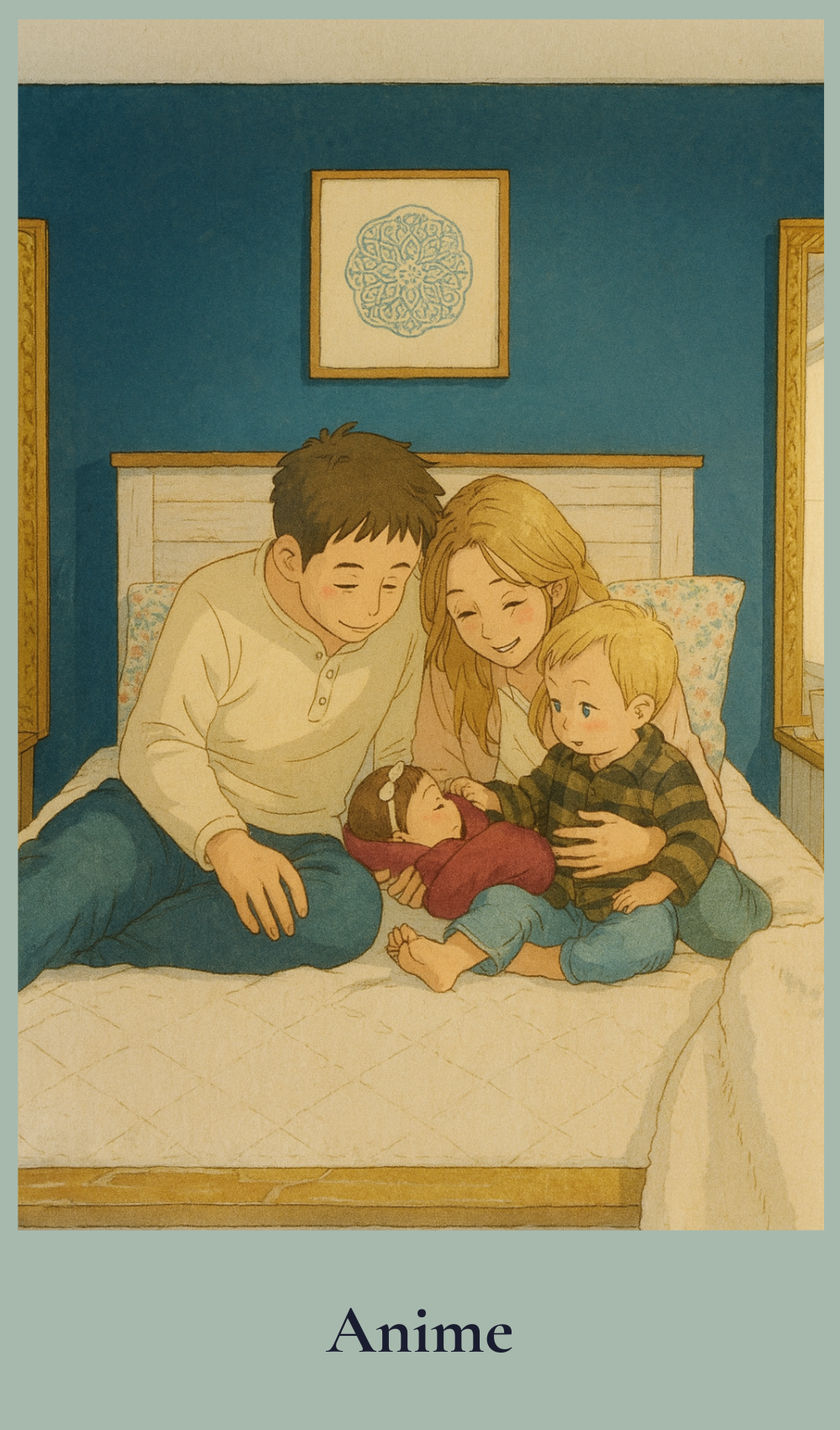 Anime style illustration of a family scene with two adults and a child on a bed, holding a baby doll.