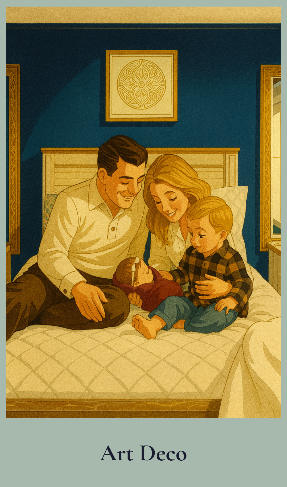 Family of four in a bedroom with Art Deco style elements.