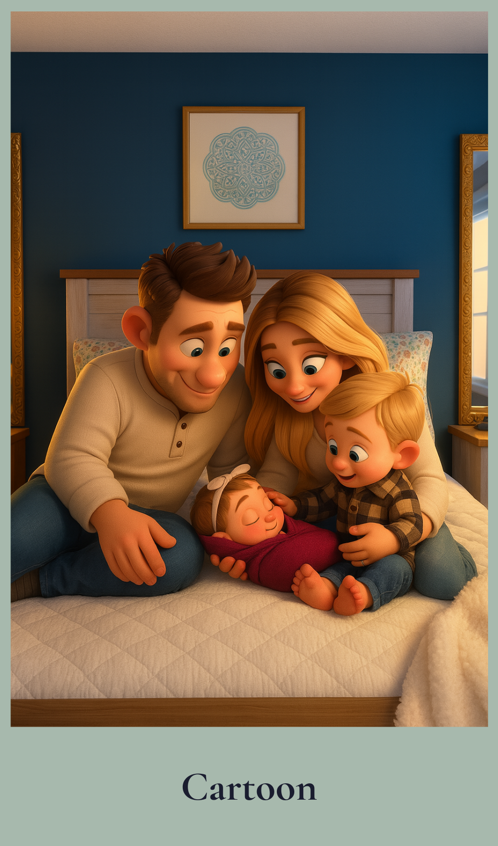 Cartoon family sitting on a bed in a bedroom with blue walls.