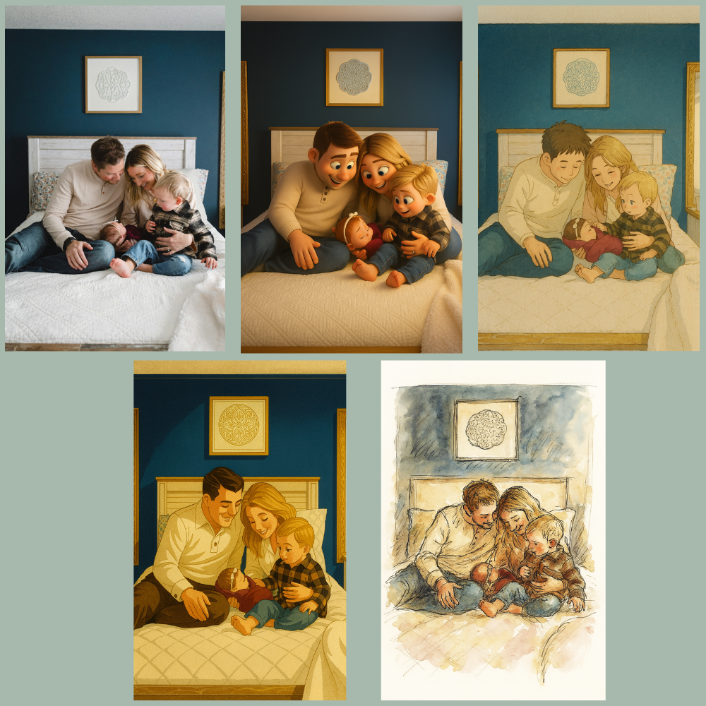 Collage of five illustrations showing a family with children in a bedroom setting.
