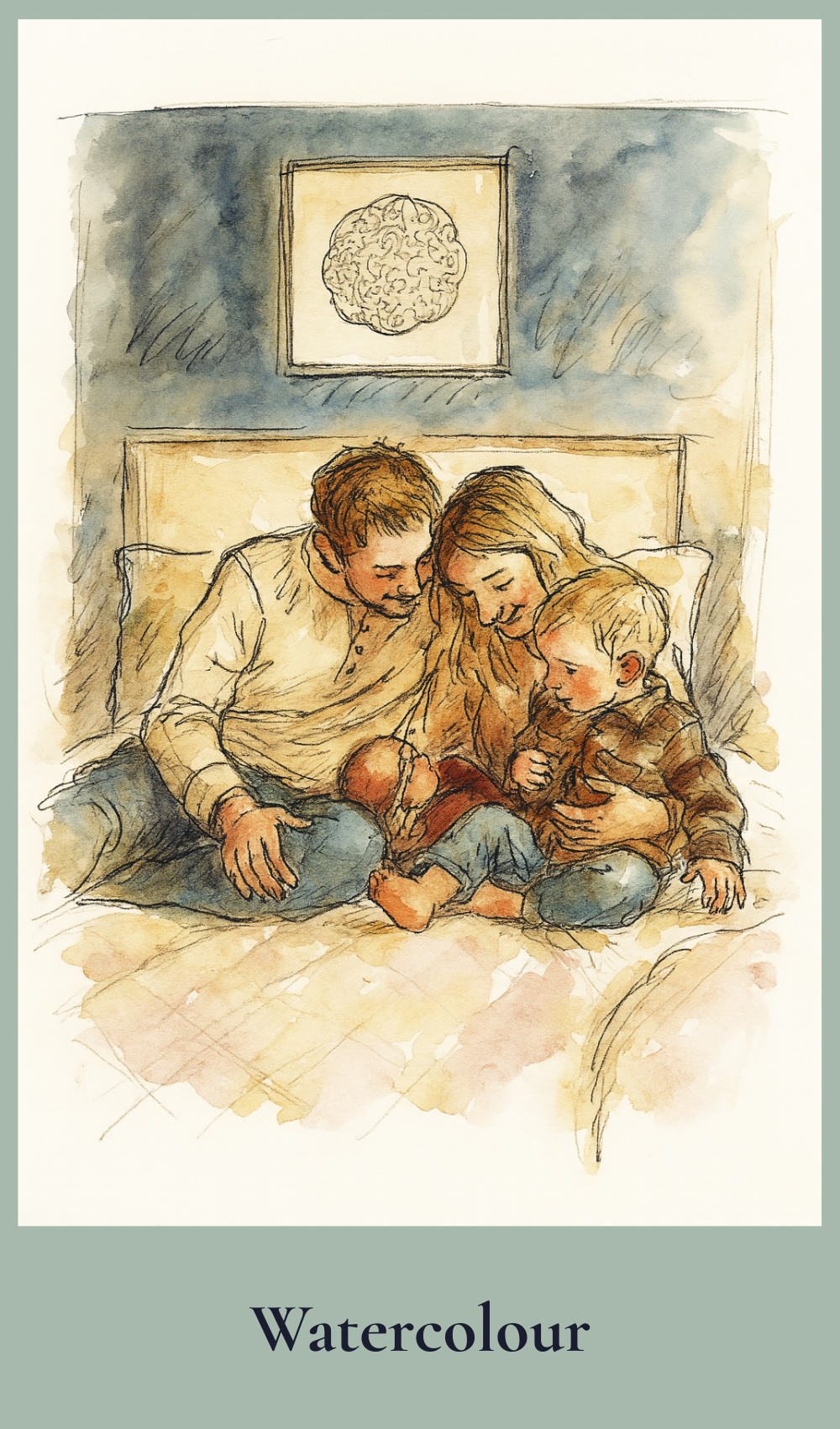 Watercolour painting of a couple with a child on a bed, reading a book.
