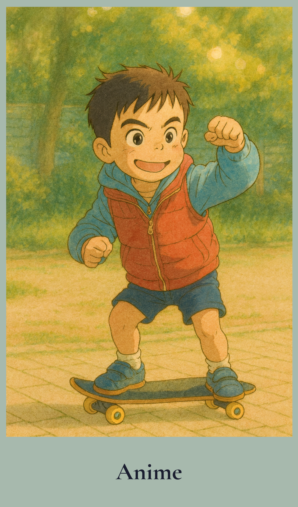 Anime character on a skateboard with a green outdoor background