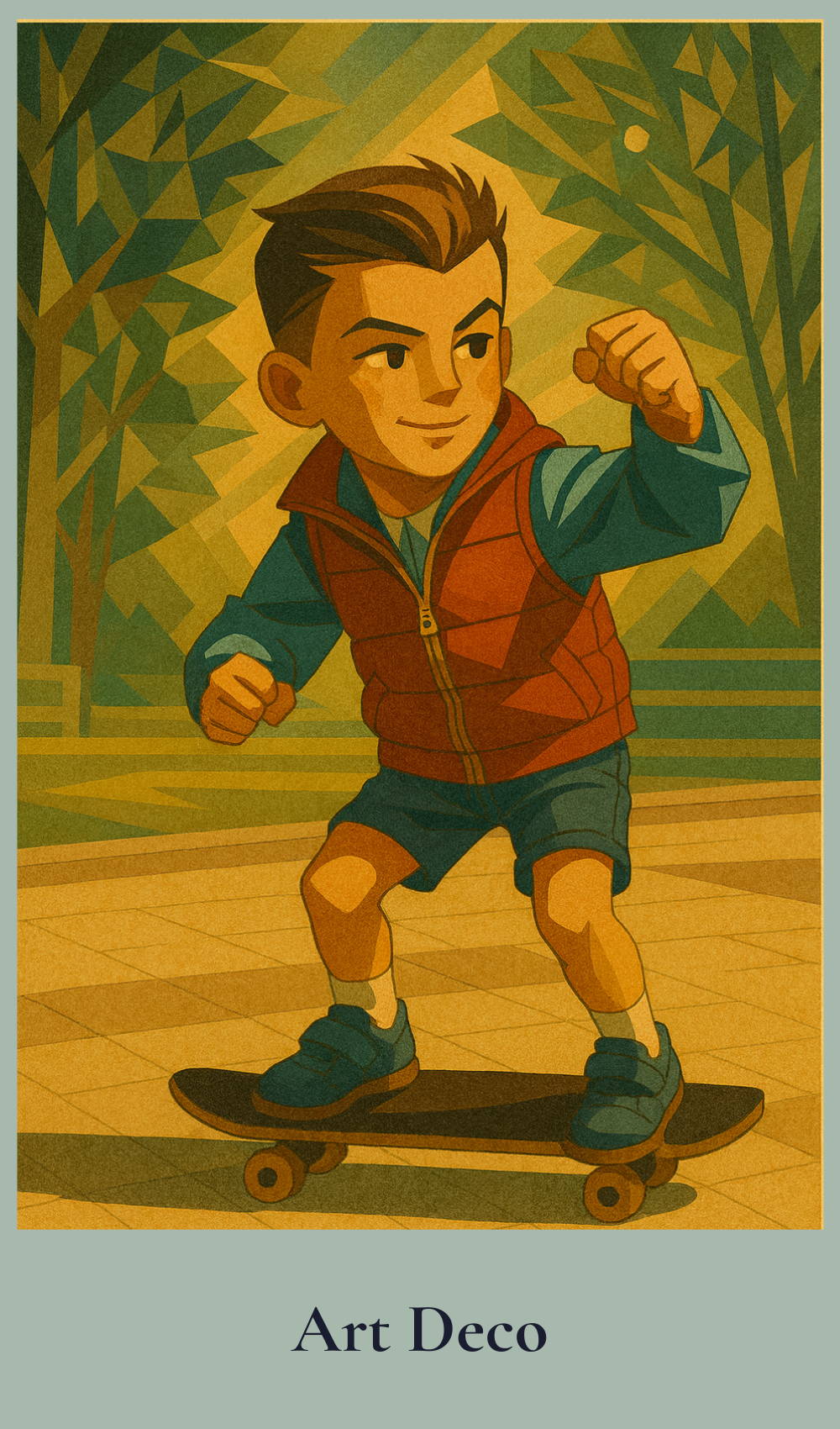 Illustration of a boy on a skateboard with Art Deco style